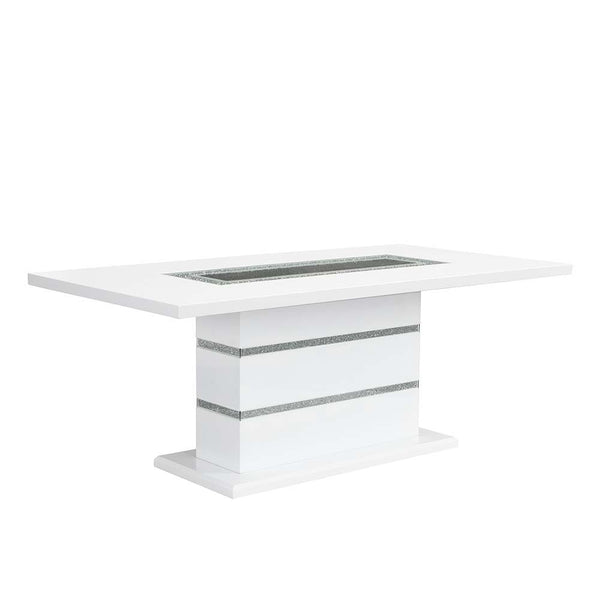 Marvelous and glamorous, the Elizaveta dining table is one to leave guests speechless. Featuring horizontal stripes of embedded faux crystals on the base that glimmer from every angle. The beautiful tabletop is just as impressive, with the same faux diamo