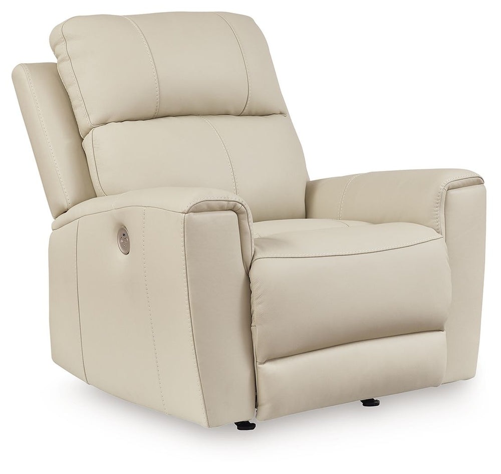 Focus on function. This practical power recliner balances contemporary character and irresistible comfort. Its affordable, expertly matched leather and faux leather upholstery keeps your style up to speed without breaking the bank. Reclining at the touch 