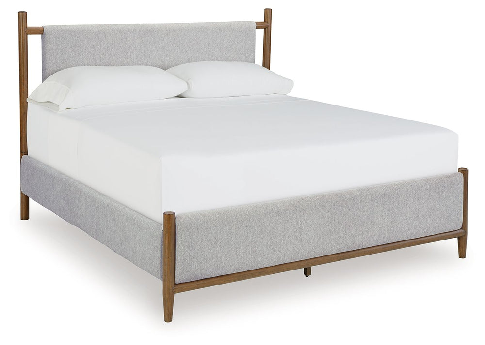 Embrace the allure of contemporary or mid-century interiors with this queen upholstered panel bed. Its versatile, timeless design, featuring a sling-style cushioned headboard, gently cradles your senses. Ready to refresh and redefine your space, this bed 