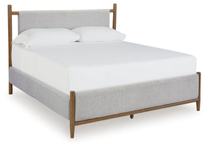 Embrace the allure of contemporary or mid-century interiors with this queen upholstered panel bed. Its versatile, timeless design, featuring a sling-style cushioned headboard, gently cradles your senses. Ready to refresh and redefine your space, this bed 