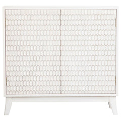 This two-door cabinet adds subtle charm with its crisp white finish and sculpted geometric door fronts. The raised honeycomb-inspired texture brings dimension and interest to the faÃ§ade, while lightly distressed edging offers a softly weathered touch. In