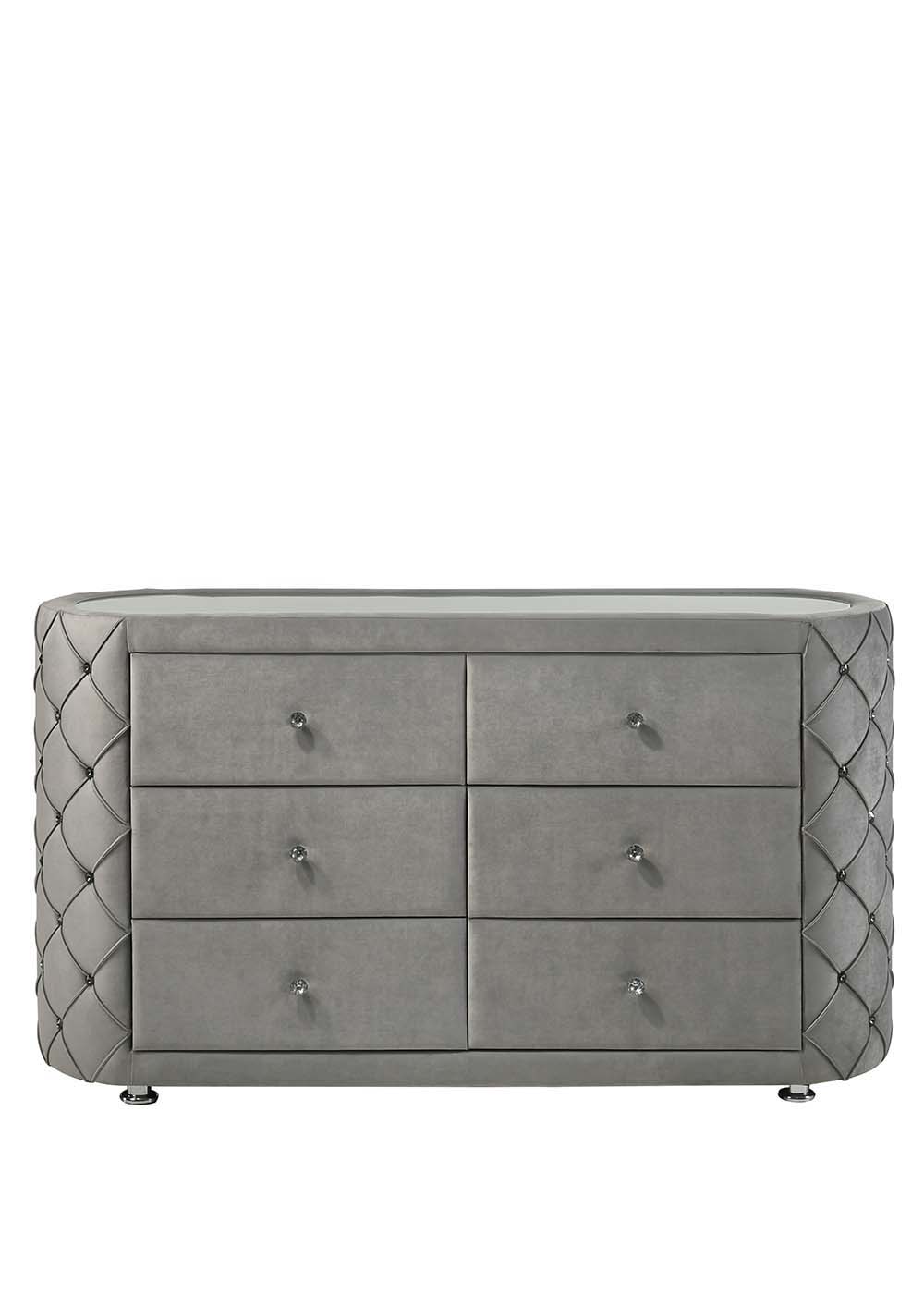 The Perine Collection is luxuriously designed and upholstered in sumptuous gray velvet and features black piping. The hardwood wooden frame is designed for long-lasting enjoyment. The crown design on the headboard and footboard adds some drama to the bed.