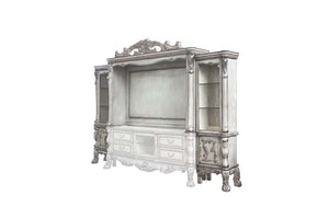 the entertainment center was inspired by old European design. This collection features carved scrollwork accent on the top bridge. The accent pieces crafted in wood with cherry oak finish and also include regal feat