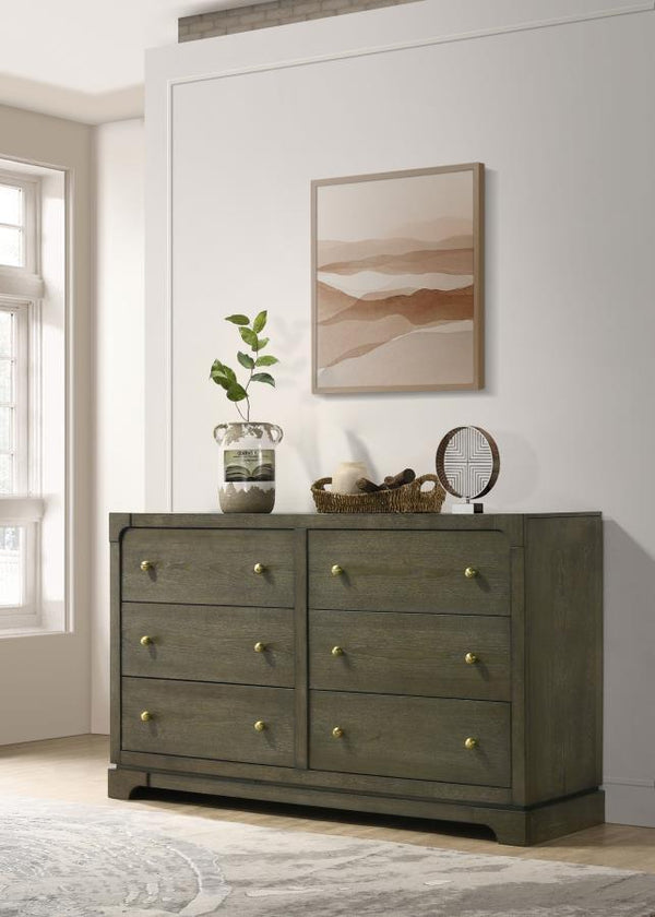  featuring a transitional design with rounded corners and trending details. The dark cocoa finish and brass knobs complement the sophisticated style