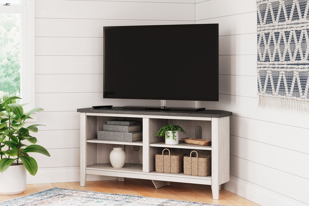 With its minimalist charm, this TV stand is right in tune with your relaxed approach to high style. Beautifully shaped to nestle into any corner, itâ€™s well equipped with a flexible open-concept design and cutouts for wire management that enhance the cle