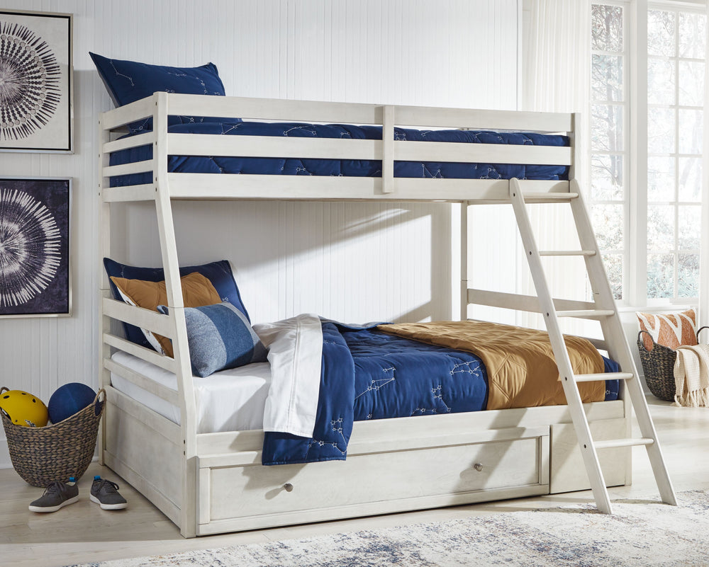Elegant, timeless furnishings take your bedroom to the next level. Nothing does that better than this twin over full bunk bed. The antiqued white finish with a wonderful grain texture gives this youthful bed a sophisticated touch. Under bed storage makes 