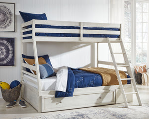 Elegant, timeless furnishings take your bedroom to the next level. Nothing does that better than this twin over full bunk bed. The antiqued white finish with a wonderful grain texture gives this youthful bed a sophisticated touch. Under bed storage makes 