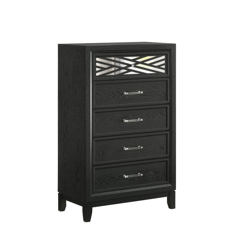 The Obsidian 5-Drawer Chest in Black is a sophisticated piece that combines modern elegance with practical functionality. Expertly crafted from premium solid Rubberwood and enhanced with manufactured woods and veneers, this chest offers both lasting beaut