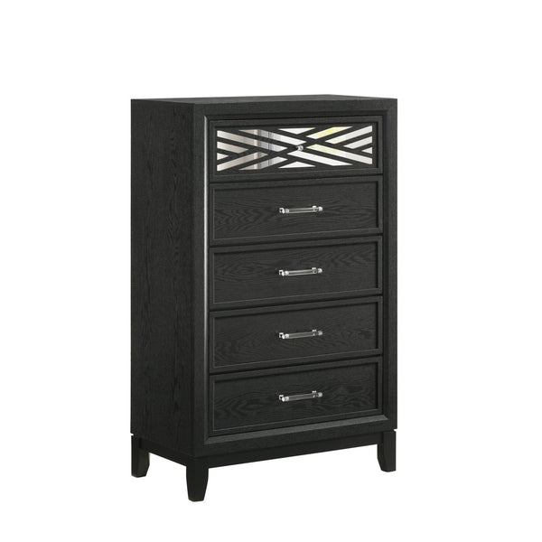 The Obsidian 5-Drawer Chest in Black is a sophisticated piece that combines modern elegance with practical functionality. Expertly crafted from premium solid Rubberwood and enhanced with manufactured woods and veneers, this chest offers both lasting beaut