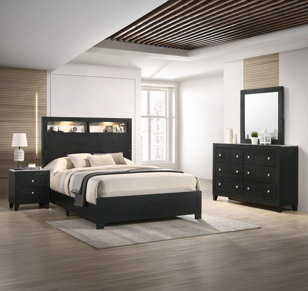 This elegant bedroom collection exudes sophistication with its sleek, dark finish and modern design. The sturdy construction of each piece showcases a rich, textured wood grain, offering both durability and style. The bed, the centerpiece, features a bold