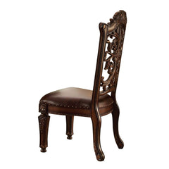 KD, Armless Chair Backrest: Cut-Out Floral Backrest (Wood & Poly-Resin) Padded Seat: PU with Nailhead Trim Wooden Seat Apron with Molding Trim Wooden Tapered Leg: Floral Motif<br/><br/><b>Product Features</b><ul><li>Armless Chair</li><li>Padded Seat Cushi