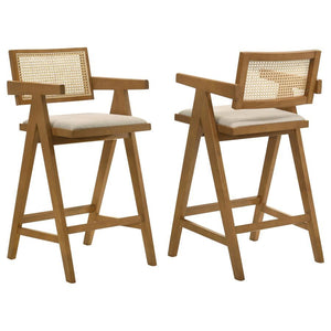 Make a statement at your kitchen island or bar table with a charming set of two mid-century modern barstools. Robust design pairs A-frame structuring with tapering armrests and a rectangular seat and back. Each stool is finished in light walnut and featur