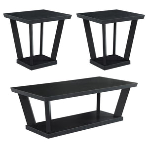 Create an ultra-modern feel with this set of three occasional tables, featuring a coffee table and two end tables. Designed with a black finish throughout each furniture piece, this modern three-piece occasional set lends a bold look to a space with their