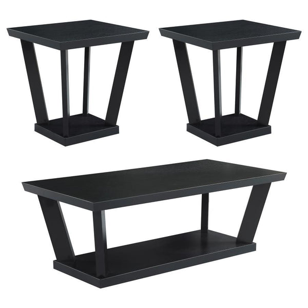Create an ultra-modern feel with this set of three occasional tables, featuring a coffee table and two end tables. Designed with a black finish throughout each furniture piece, this modern three-piece occasional set lends a bold look to a space with their