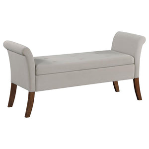 Elevate your living space with a harmonious blend of luxury and utility found in this exquisite storage bench. Adorned with a plush velvet upholstery, it boasts flared arms and meticulous button-tufting, reflecting a dedication to design and attention to 