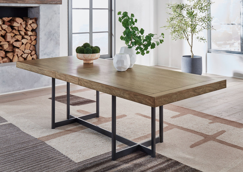 Sleek in its simplicity, this dining extension table takes a relaxed approach to refinement. Its mixed-material design brings a trendy urban-chic feel to dinner time. And when guests drop in, thereâ€™s a seat for everyoneâ€”a self-storing leaf extends the