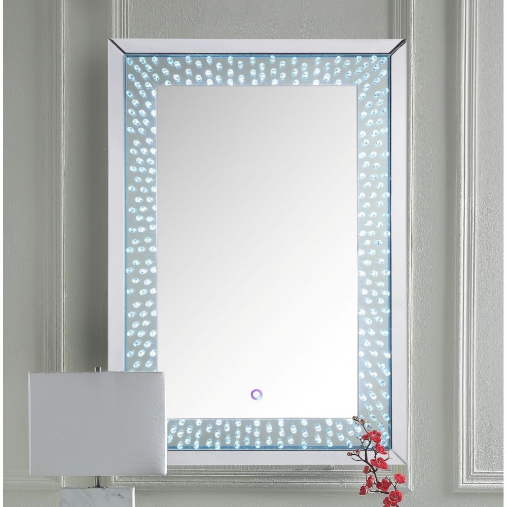 Assembled, Accent Wall Decor w/LED Light â€¢ Trim Frame: Beveled Mirrored Finish, MDF, Mirror Interior Size: 21-" x 37-" â€¢ Faux Crystals Inlays & 4mm Clear Glass â€¢ Back Panel: Black Finish â€¢ Shape: Rectangular â€¢ Orientation: Portrait (Vertical)<br