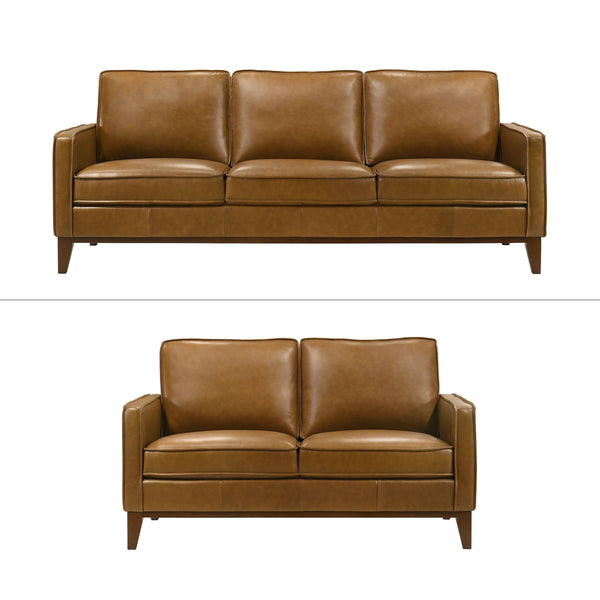 The Caspar Top Grain Leather 2-Piece Set effortlessly combines luxurious design with enduring comfort. Upholstered in rich caramel brown, the 100% top-grain leather exudes timeless elegance while offering exceptional durability and breathability. The qual