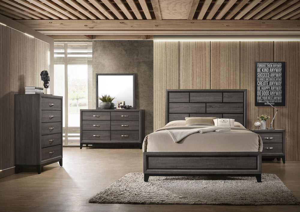 This contemporary bedroom set presents a crisp, clean look with its gray finish and contrasting dark accents. The simple, straight lines and subtle details give it a modern edge. The bed features a paneled headboard that makes a statement without overwhel