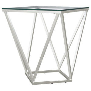Simple geometric shapes combine to form a strikingly modern end table. The design features open, flared triangles in metal with a gleaming nickel finish, creating a dynamic base. A square glass top offers a smooth, airy surface, perfect for displaying dec