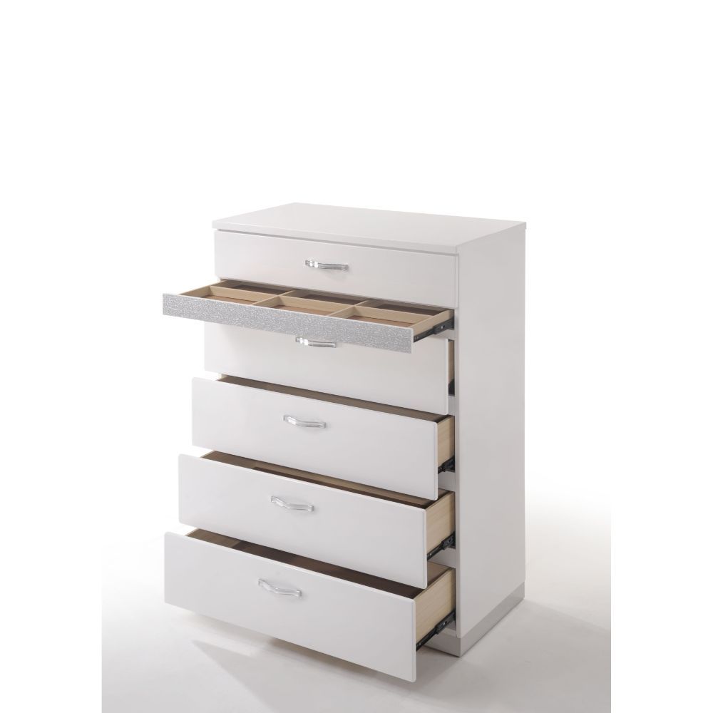 6 Drw 5 Drw& 1 Hidden Jewelry Drawer (Sparkling Front, Felt-Lined & Dividers) Drawer: Glide Side Metal (Full Ext, Safety Stop, Close Manual Push), Dovetail English Front & Back, Felt-Lined all drawers Drawer Hardware: Single Handle (Pull-Out Hidden Jewelr