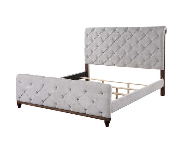This Andria upholstered bed features an impressive rolled headboard. Generously padded features deep handcrafted buttonless tufting on the headboard to create a luxury decorative classic feeling. The woven upholstery fabric gives the bed a sophisticated f
