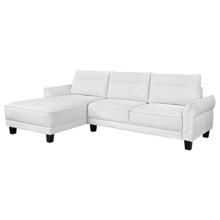 Experience ultimate comfort with this modern two-piece sofa chaise, available in grey or white. The fuzzy teddy bear-like textured fabric upholstery creates a cozy atmosphere. The softly rounded arms and welt framed reversible back cushions add a touch of