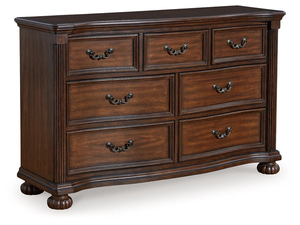 cast resin components and engineered wood substrates. Classic Cherry brown finish. Decorative metal drawer pulls with a dark bronze color finish. D
