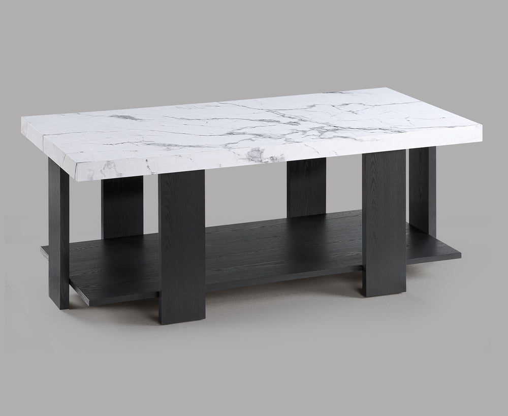 This contemporary cocktail set presents a bold statement in minimalist design, featuring a sleek rectangular coffee table as the centerpiece, flanked by two matching end tables. Each piece boasts a sturdy construction with clean lines and a striking faux 