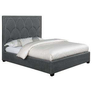  this decadent bed is wrapped in charcoal linen-like fabric. Its construction features a mix of hardwoods and wood