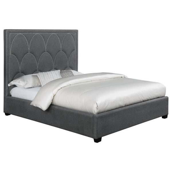  this decadent bed is wrapped in charcoal linen-like fabric. Its construction features a mix of hardwoods and wood