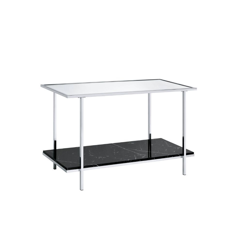 KD, Rectangular Console Table Storage: Open Compartment (1 Faux Marble Shelf, Fixed) Mirrored Top Metal Frame with Square-Straight Leg (Open Frame) CONSTRUCTION] MIRRORED TOP Metal Frame & Square Leg: chrome finish (Plastic Cap Protectors)<br/><br/><b>Pro