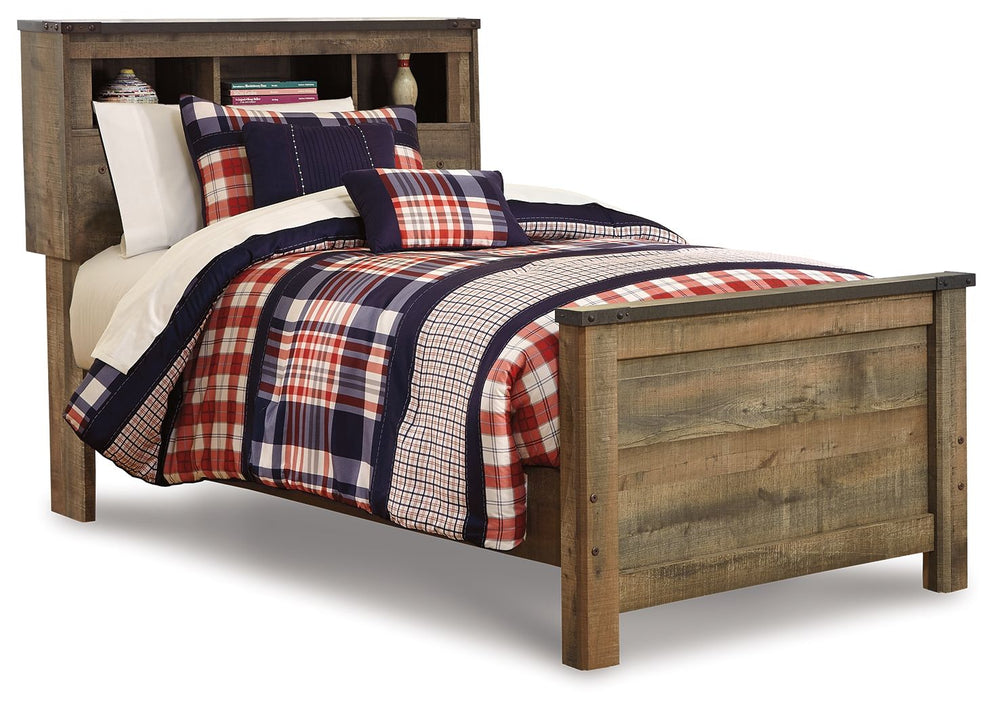 Whether she loves horses or he-'s a cowboy at heart, this twin bookcase bed matches their authenticity. Its rustic finish, plank-style details and nailhead trim pay homage to reclaimed barn wood, making for a chic look loaded with charm. Mattress and foun