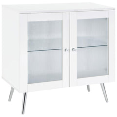 Step into a world where classic charm meets modern elegance with this 2-door accent cabinet. The crisp white finish on engineered wood construction is beautifully complemented by the textural contrast of rippled doors. Tapered steel legs, electroplated in