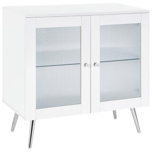 Step into a world where classic charm meets modern elegance with this 2-door accent cabinet. The crisp white finish on engineered wood construction is beautifully complemented by the textural contrast of rippled doors. Tapered steel legs, electroplated in