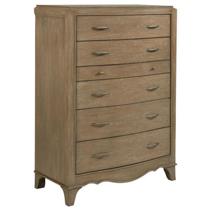 This French Provincial-inspired chest of drawers offers both timeless elegance and practical storage. Crafted from solid poplar, engineered wood, and mango veneer, it features a washed mango finish that enhances the natural wood grain. Five spacious drawe