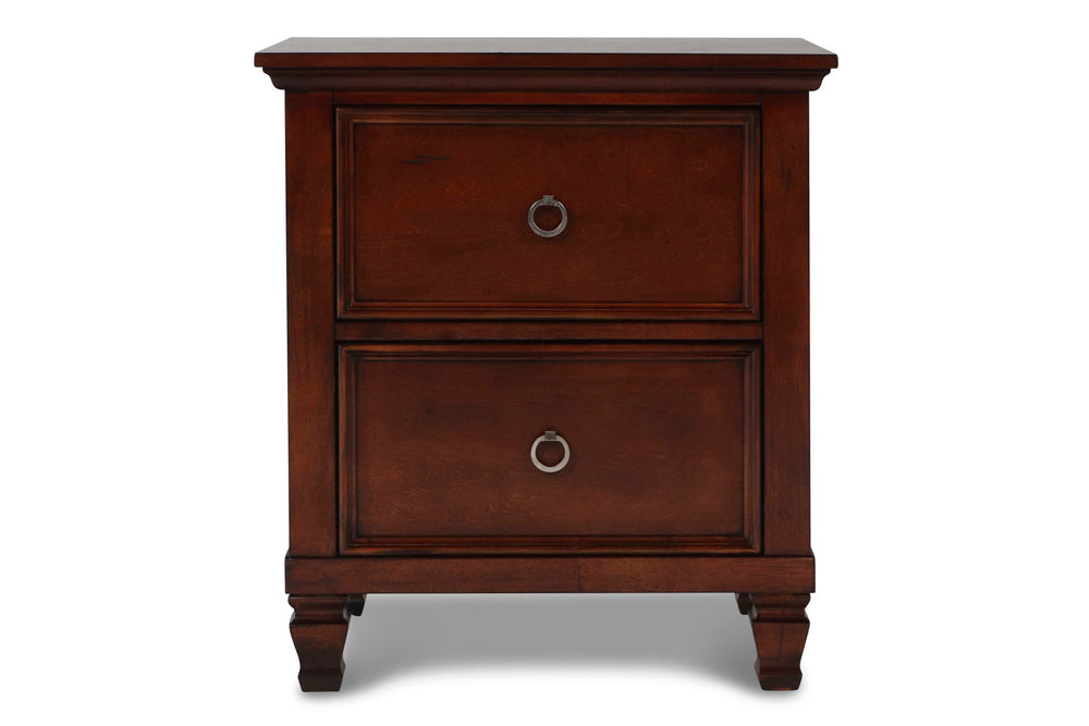 The Tamarack 2 Drawer Wood Nightstand in brown cherry combines durability with elegance. Built with solid poplar, basswood veneers, and eco-friendly manufactured wood, this nightstand ensures strength and long-lasting durability. Its versatile transitiona