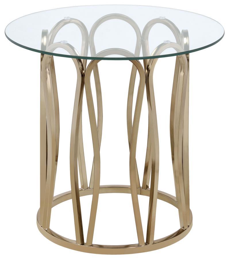 This round end table features a clear tempered glass top set atop a durable metal frame. The base is finished in electroplated chocolate chrome, offering a rich, deeper brass tone. The stylish geometric design creates an elegant look, while the tempered g