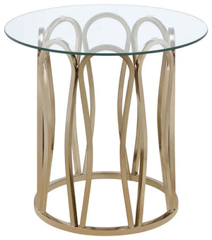 This round end table features a clear tempered glass top set atop a durable metal frame. The base is finished in electroplated chocolate chrome, offering a rich, deeper brass tone. The stylish geometric design creates an elegant look, while the tempered g