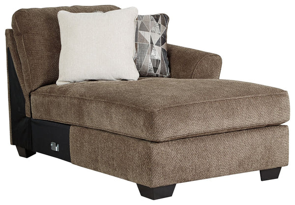 This right-arm facing corner chaise is made with polyester upholstery. Pairs with other items in the series to make a sectional.<br><br><b>Additional Dimensions</b><br><ul><li>Arm height: 26-"</li><li>Leg height: 3-"</li><li>Minimum width of doorway for d