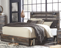 When merged in just the right way, rustic and industrial styles can make one happy marriage. Case in point: this king panel bed with storage. A refined take on barn board beauty, its complex, replicated wood grain showcases hints of burnt orange and teal 