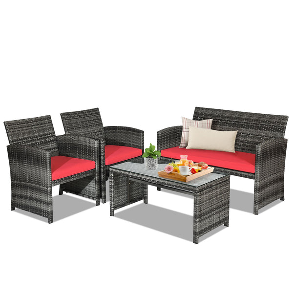 Rattan patio set includes one loveseat  two single chairs and one coffee table. <br>Made of high-quality rattan with strong built-in frame structure <br>Functional and beautiful design perfect for garden  backyard and balcony <br>Rattan coffee table with 