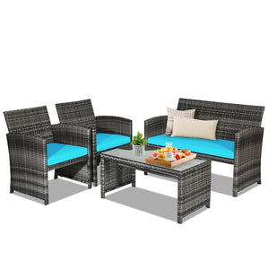 Rattan patio set includes one loveseat  two single chairs and one coffee table. <br>Made of high-quality rattan with strong built-in frame structure <br>Functional and beautiful design perfect for garden  backyard and balcony <br>Rattan coffee table with 