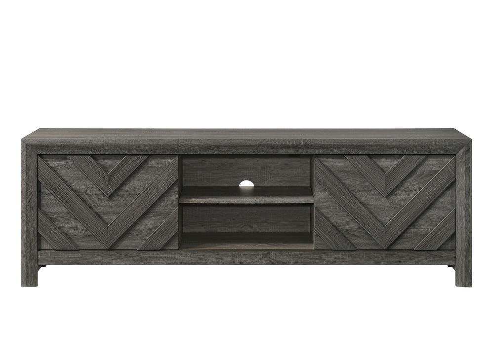 Discover the epitome of rustic elegance with this captivating entertainment console, designed to anchor your living space with its distinct and artful presence. The weathered wood finish offers a serene, natural aesthetic that brings the essence of a tran