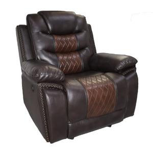 Experience the ultimate in comfort with the Nikko Glider Recliner with Power Footrest and Hidden Cup Holders in brown. Crafted with long-lasting construction, the frames are made from hardwoods and plywood, ensuring a stable and durable seating experience