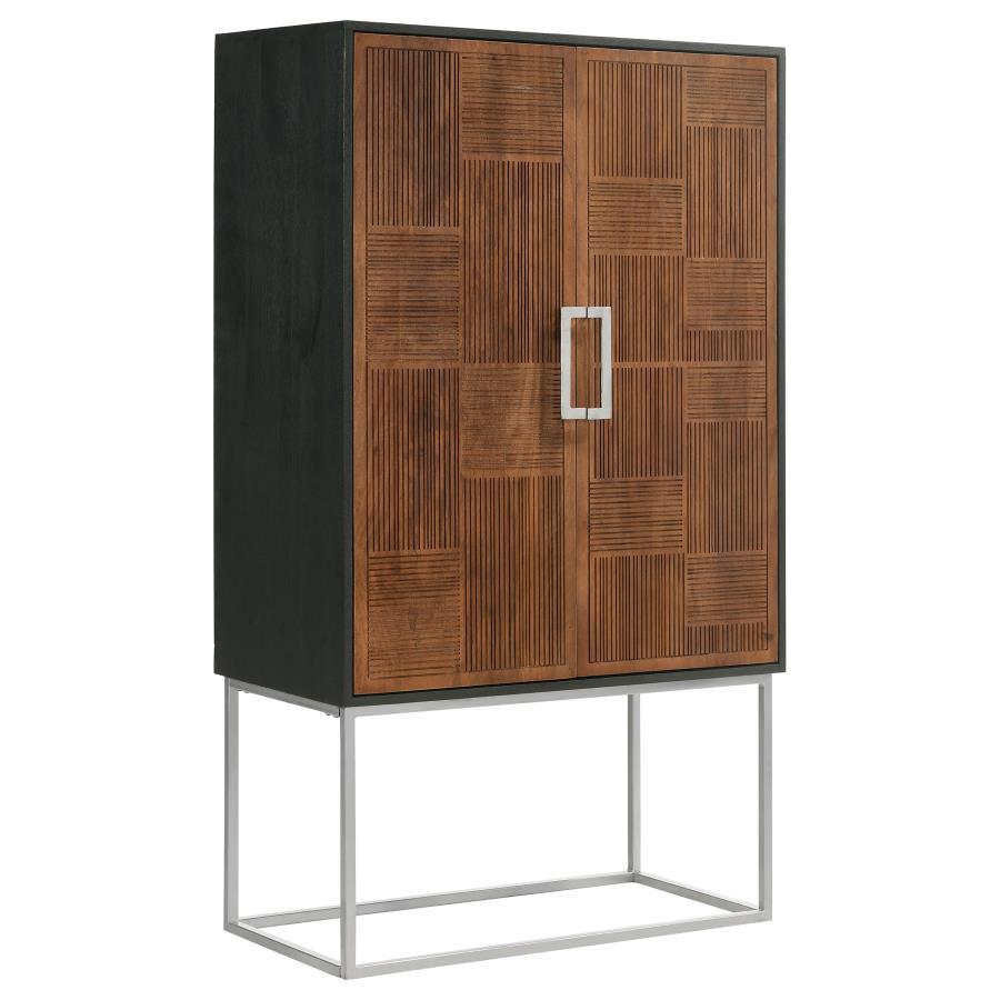 Get the party started with a sophisticated, contemporary bar cabinet. Closed, it-'s simply a stylish cabinet, complete with decorative checkerboard door fronts and geometric handles that catch the eye in a living or dining room. When opened, the cabinet r