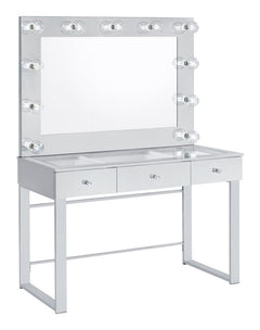 With a Hollywood regency flair, this modern vanity set features a stunning mirror paneled design that reflects surrounding hues. Cleverly designed with a clear tempered glass top that showcases cosmetics and accessories tucked inside the three drawers ben