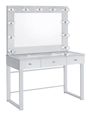 With a Hollywood regency flair, this modern vanity set features a stunning mirror paneled design that reflects surrounding hues. Cleverly designed with a clear tempered glass top that showcases cosmetics and accessories tucked inside the three drawers ben