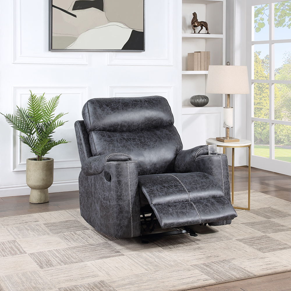 This Hirah motion sofa in dark gray polish microfiber offers both luxury and convenience. Featuring tight back and seat cushions with pocket coil construction and a sturdy wooden inner frame, it ensures maximum comfort. The loveseat includes a console wit