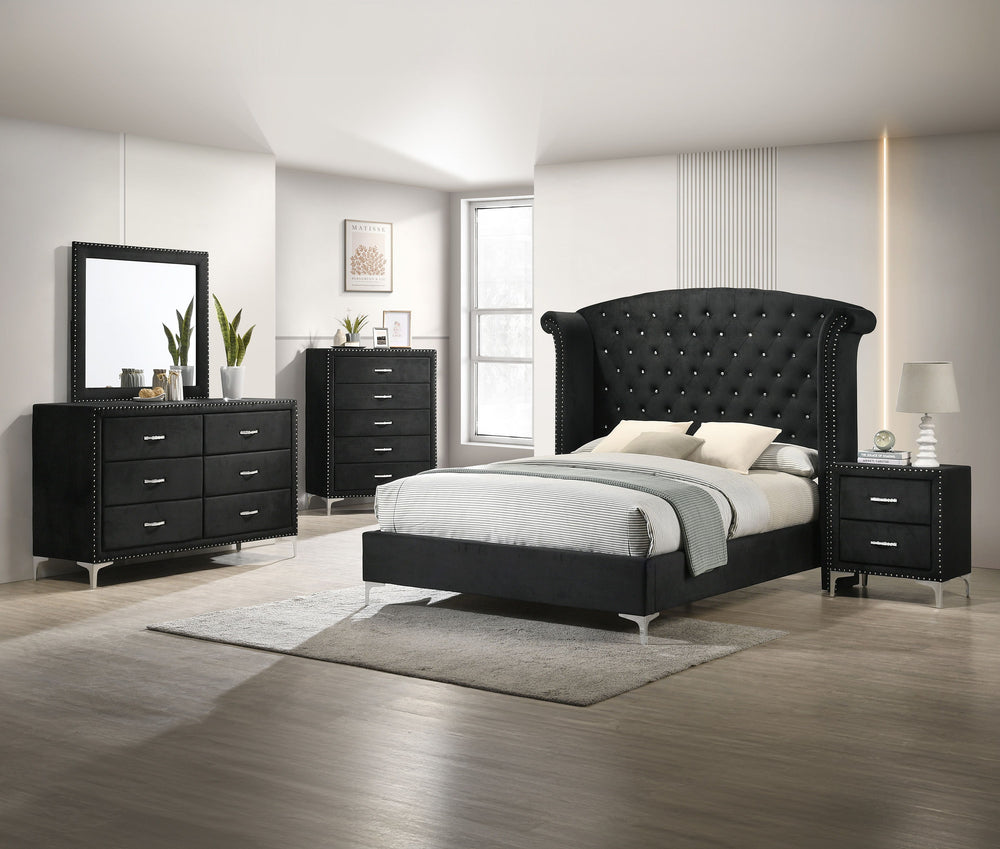 Immerse yourself in the regal charm of this majestic bedroom collection, a true embodiment of luxurious comfort and refined elegance. At the heart lies a bed that commands attention with its impressive wingback headboard, richly upholstered in a rich velv